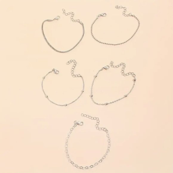 5pc Silver Tone Bracelet Set Jewelry Gift Beaded Hearts Chains - Picture 7 of 7